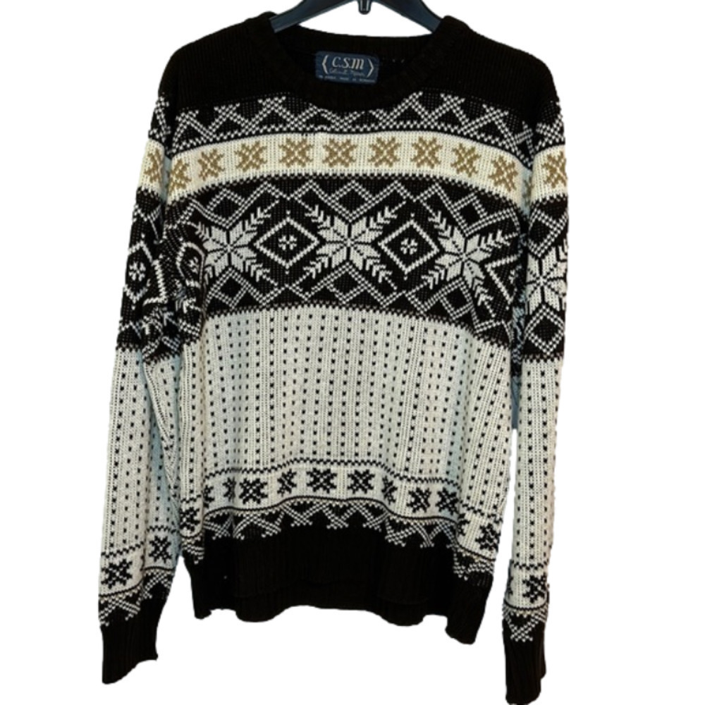 VINTAGE 80s CSM by Coliu St. Marx Dark Brown & Cream Knit Ski Sweater Men's
